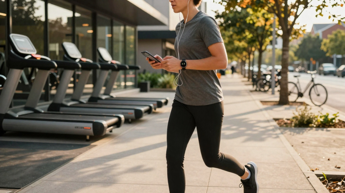 Homem a correr junto a uma passadeira de corrida ao ar livre num dia ensolarado, com auriculares e relógio inteligente.