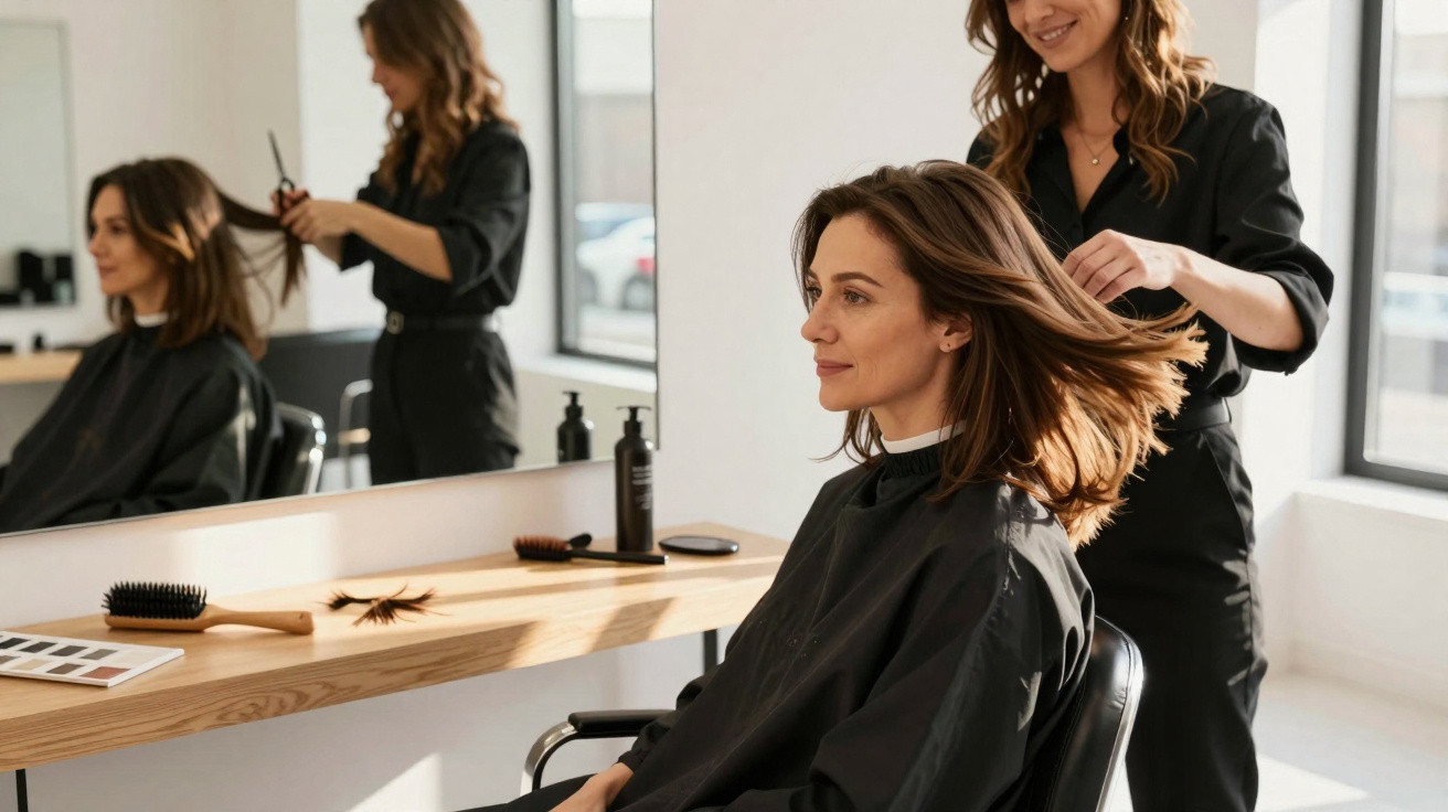 Mulher sentada a cortar cabelo num salão com cabeleireira sorridente a trabalhar.