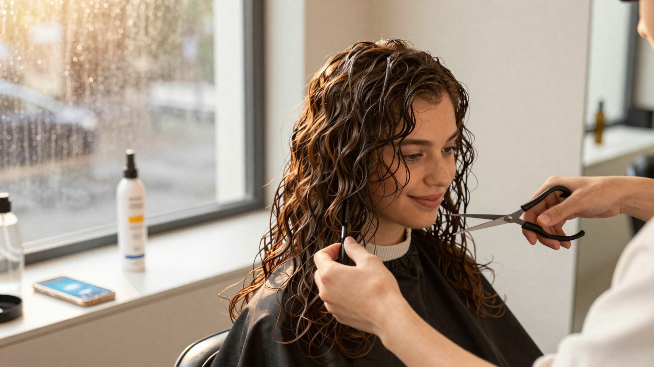 Mulher sorridente com cabelo molhado a receber corte de cabelo num salão perto da janela.