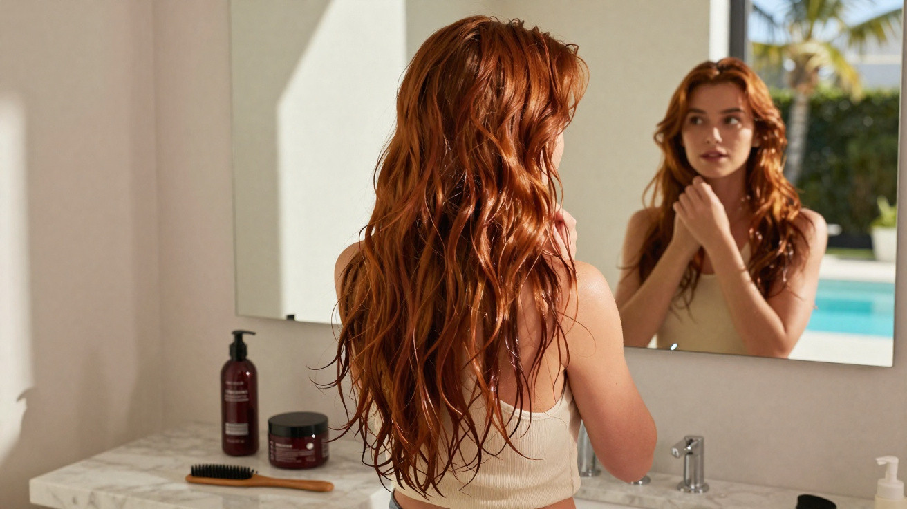 Mulher ruiva a secar o cabelo diante do espelho numa casa com piscina ao fundo.