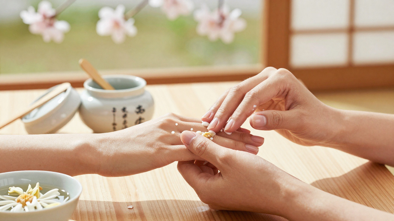 Mãos femininas a aplicar creme hidratante em ambiente calmo com jarra japonesa e flor na mesa de madeira.