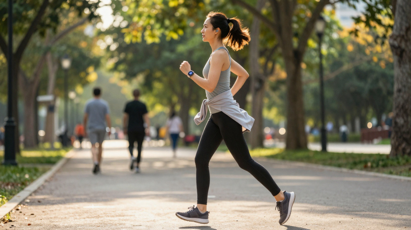 Mulher a correr num parque durante o dia, com roupa desportiva e árvores ao fundo.