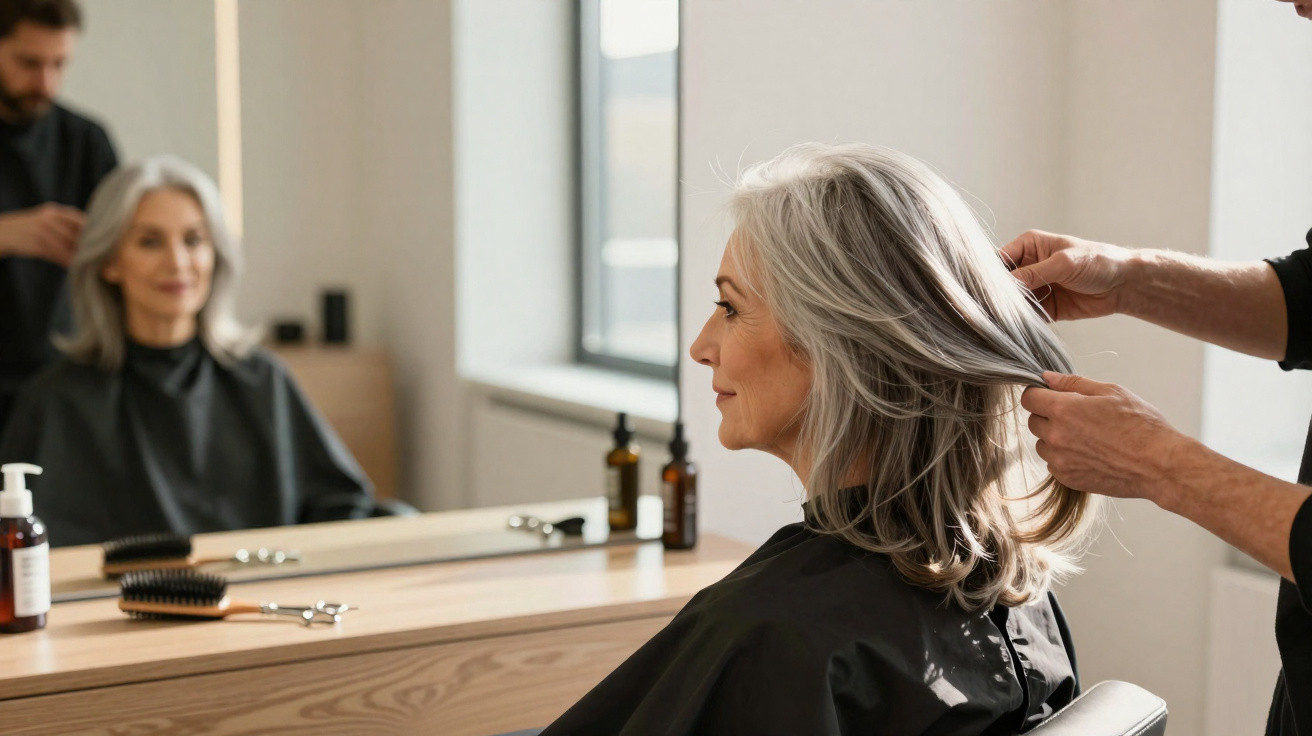 Mulher idosa com cabelo grisalho a ser penteada num salão de cabeleireiro moderno e iluminado.