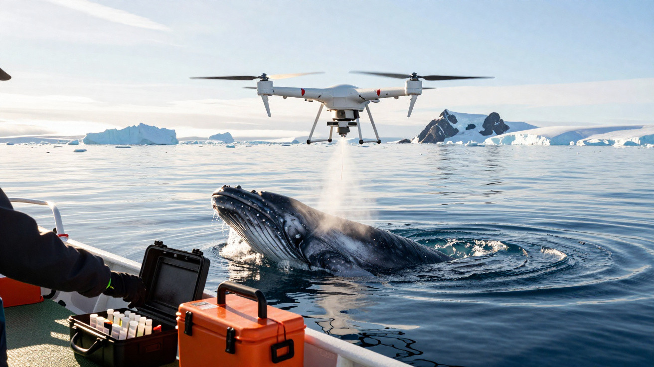 Drone a sobrevoar e a pulverizar água sobre uma baleia numa região polar com icebergs e um barco próximo.
