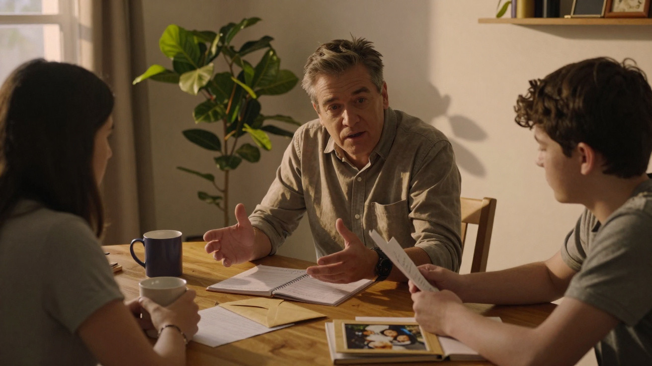 Três pessoas sentadas à mesa, envolvidas numa conversa séria, com papéis e cadernos sobre a madeira.