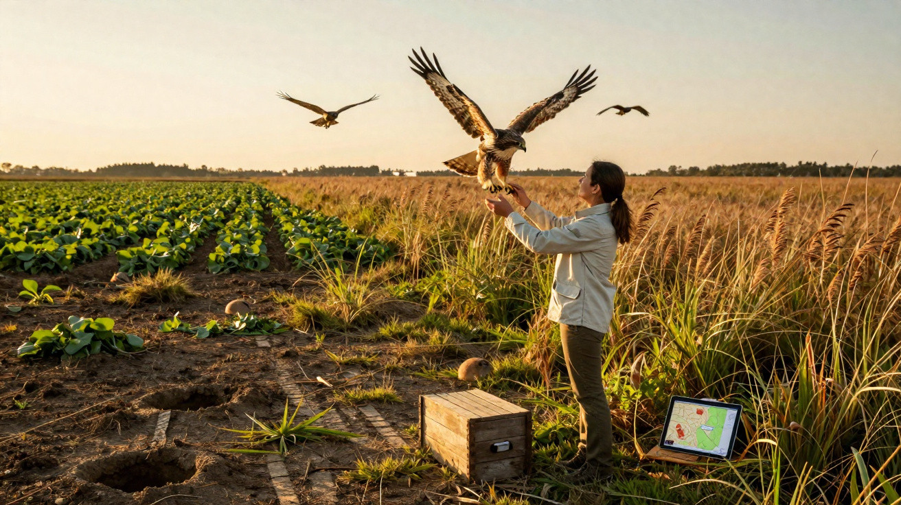 Mulher liberta águia em campo agrícola com outras aves voando ao pôr do sol.