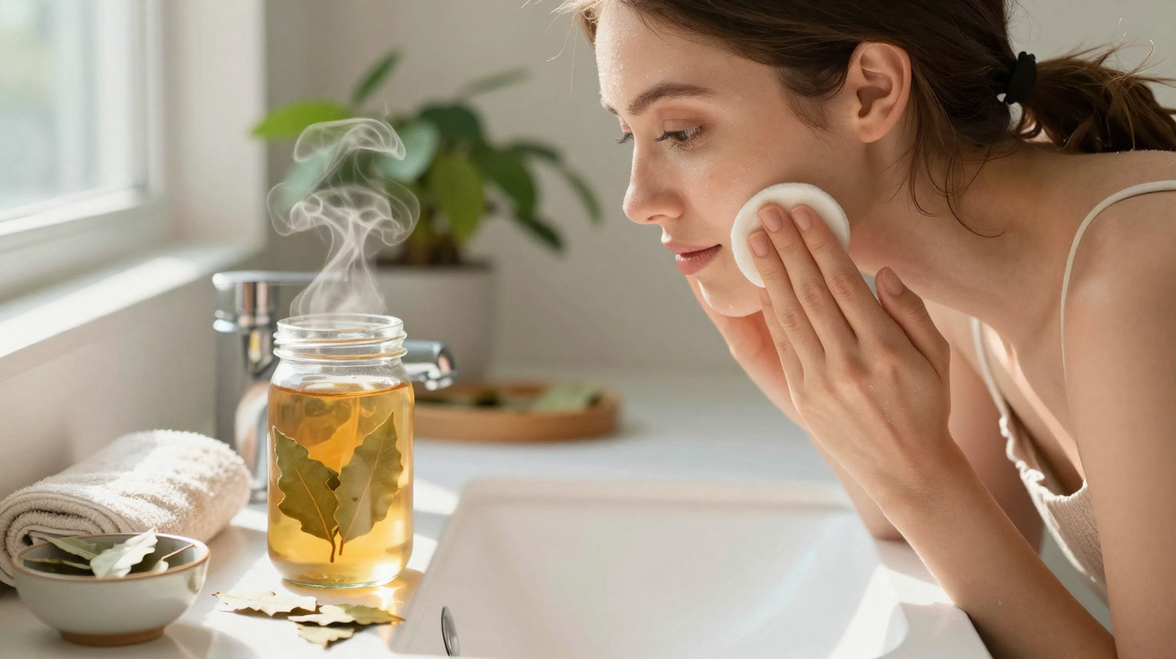 Mulher a cuidar da pele com algodão ao lado de frasco de infusão quente com folhas numa casa de banho.