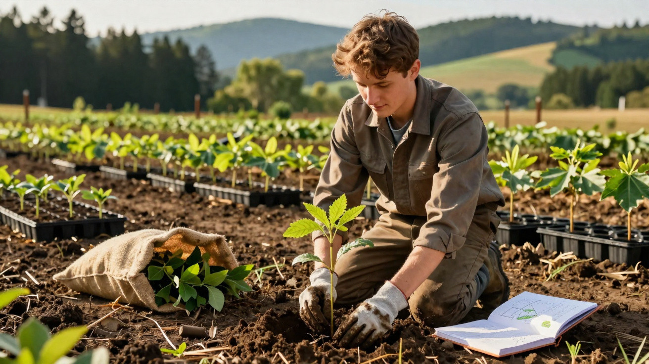 Homem a plantar muda de árvore numa plantação, ao lado de livro aberto e saco com plantas.