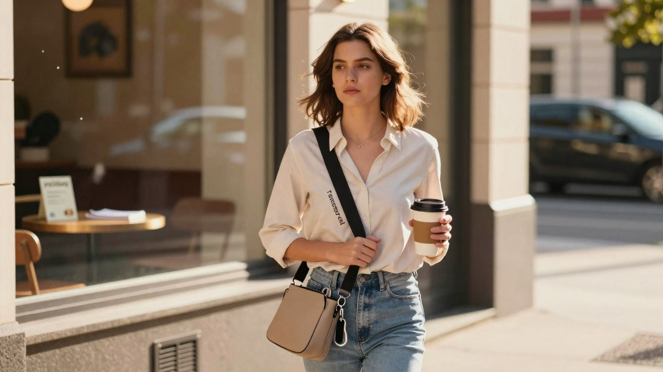 Mulher com camisa branca e jeans, a andar na rua e a segurar um copo de café para viagem.