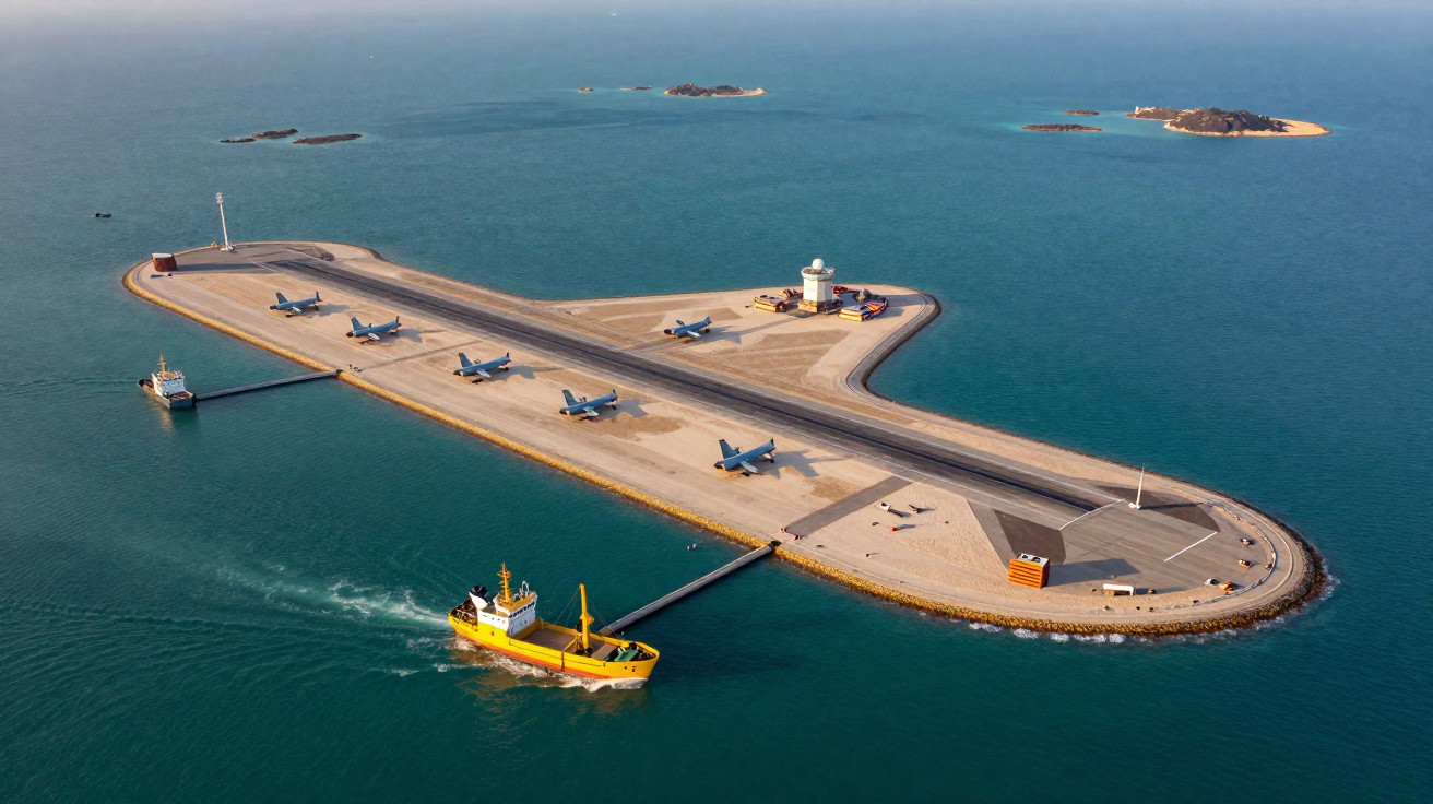 Vista aérea de aeroporto em ilha artificial com três aviões militares estacionados e barco a aproximar-se.