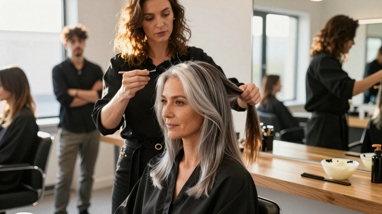 Mulher sentada em cabeleireiro enquanto profissional penteia o seu cabelo comprido e loiro.