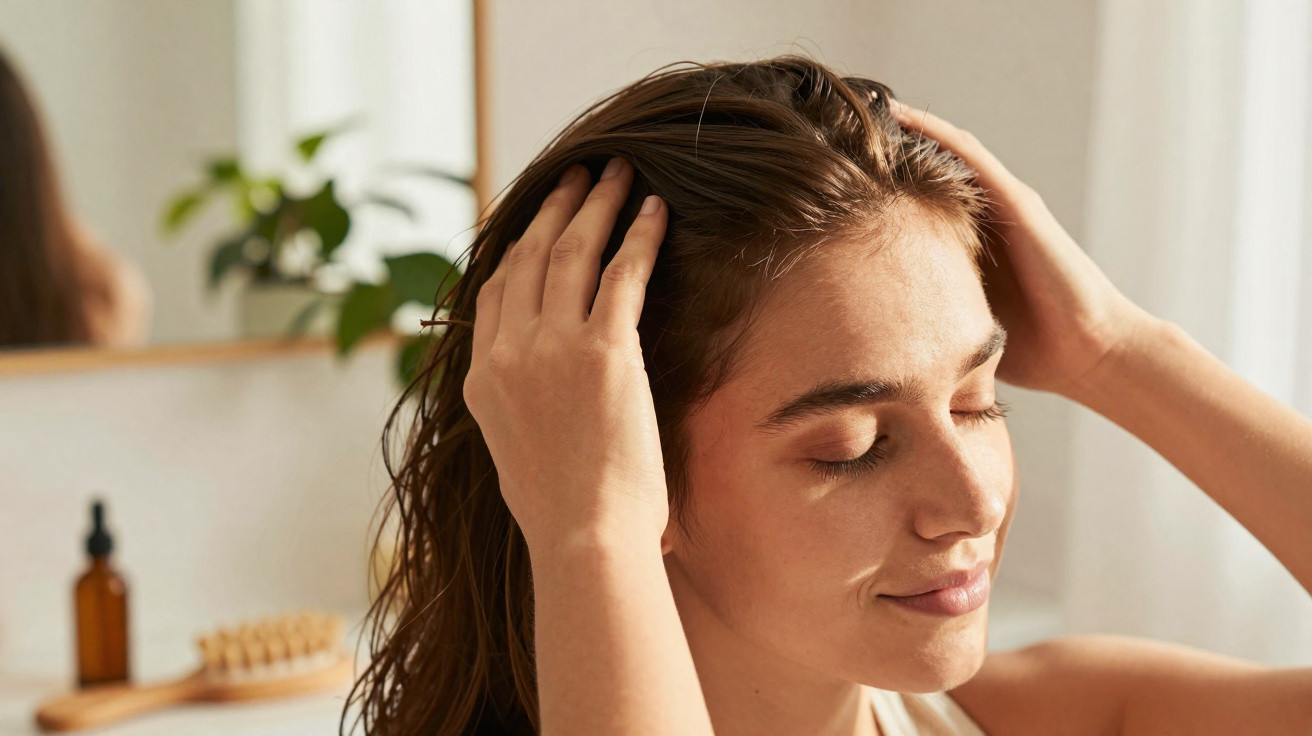 Mulher com olhos fechados a passar as mãos no cabelo molhado num ambiente de casa de banho.