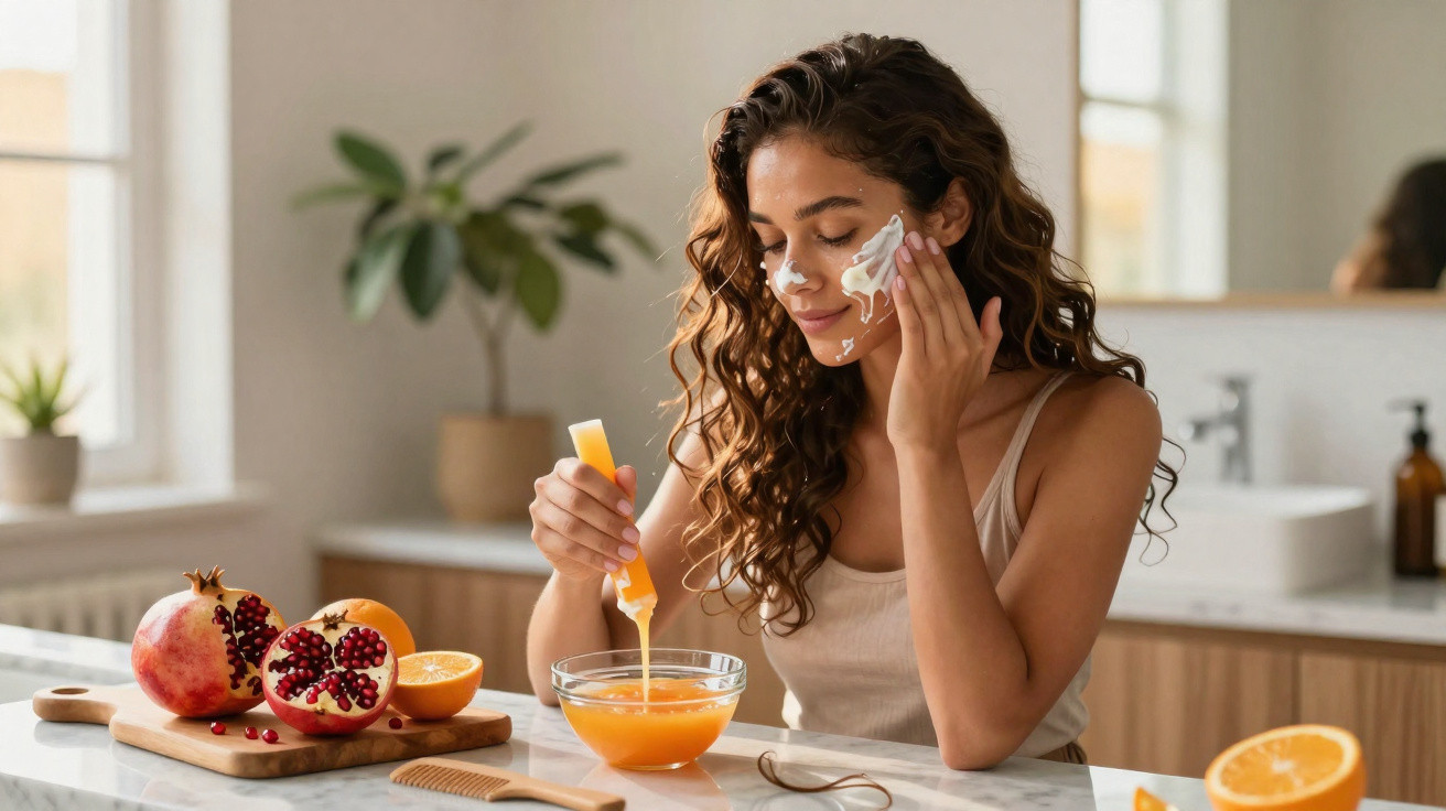 Mulher aplica máscara facial caseira com ingredientes naturais numa casa de banho moderna.