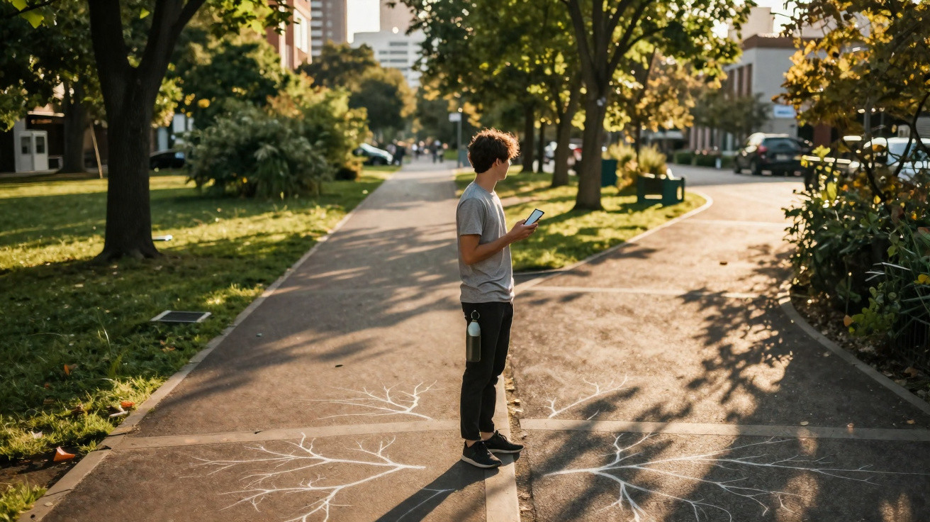 Rapaz de pé num caminho de parque com desenhos de galhos brancos no chão, segurando telemóvel e garrafa.