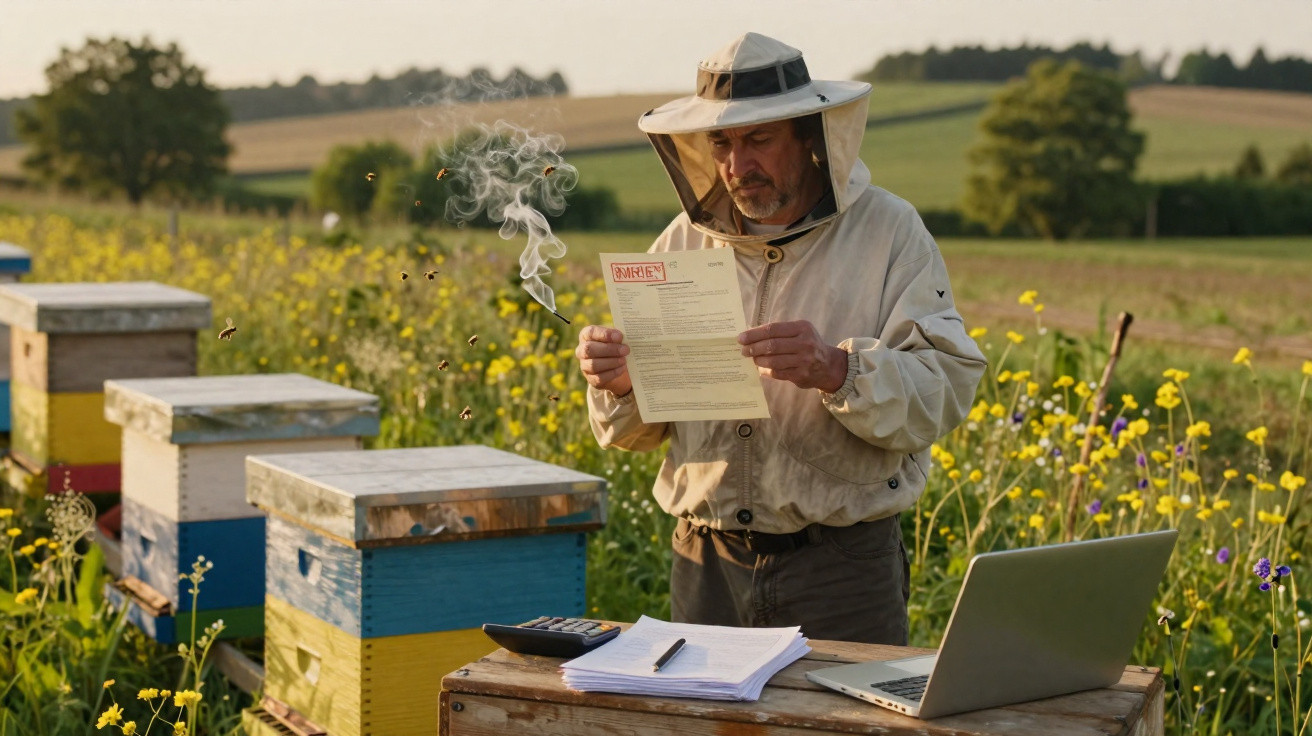 Apicultor a examinar documentos junto a colmeias num campo florido ao entardecer.