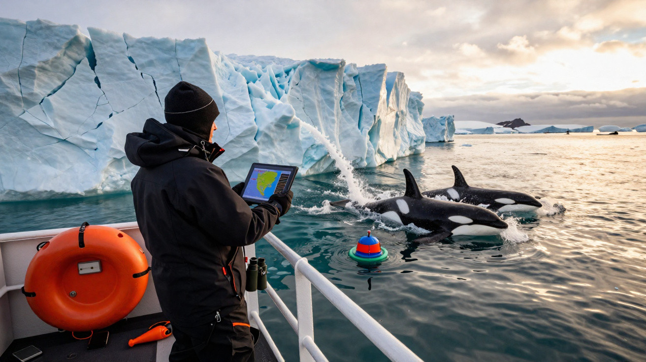Homem com tablet observa duas orcas junto a iceberg no mar gelado, num barco à direita da imagem.