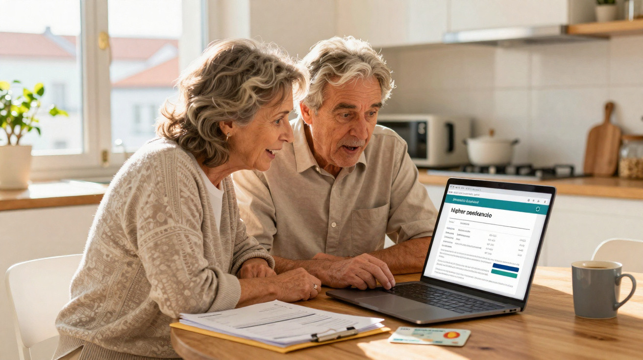 Casal sénior sentado à mesa a consultar informações financeiras num computador portátil numa cozinha iluminada.