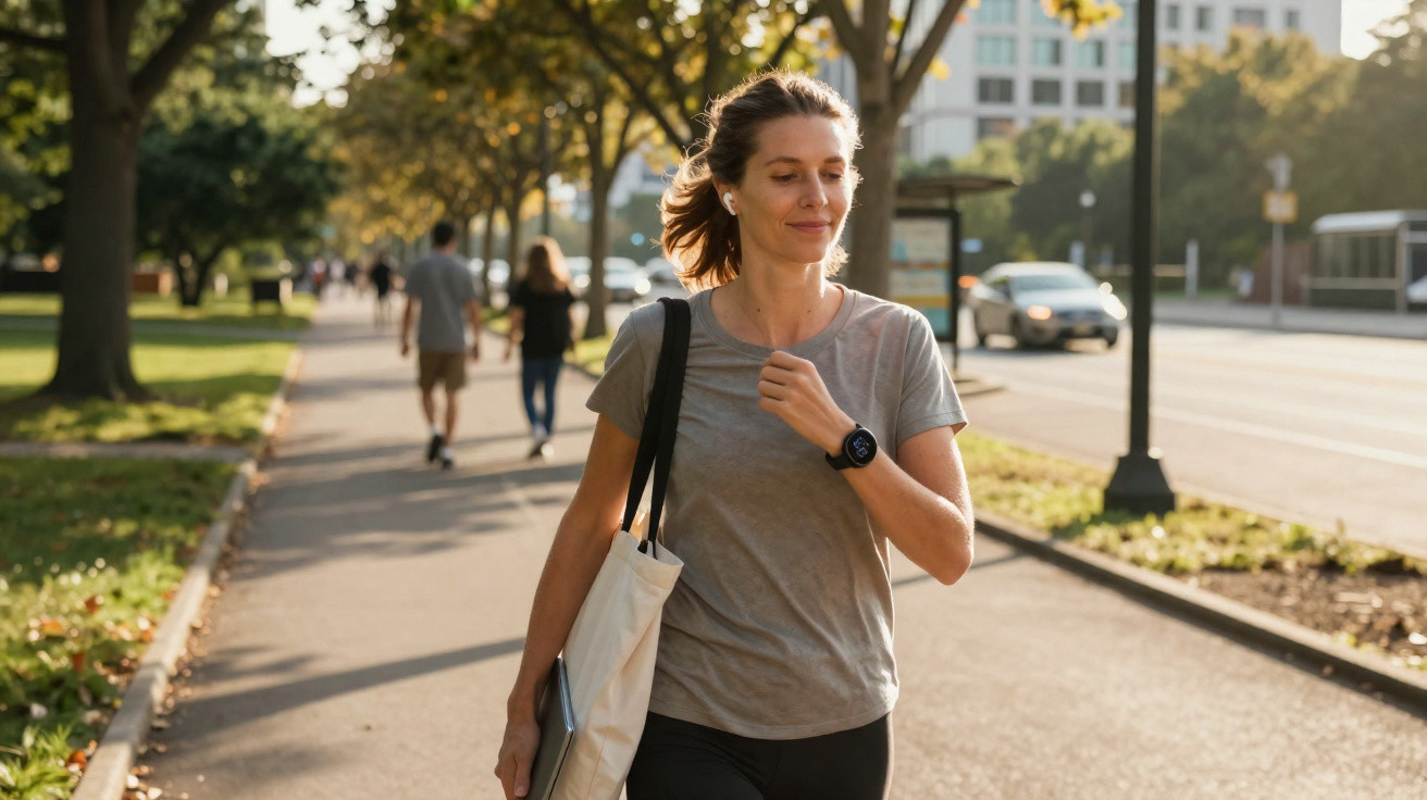 Mulher jovem a caminhar no passeio urbano, usando regata cinza e carregando bolsa branca ao ombro.