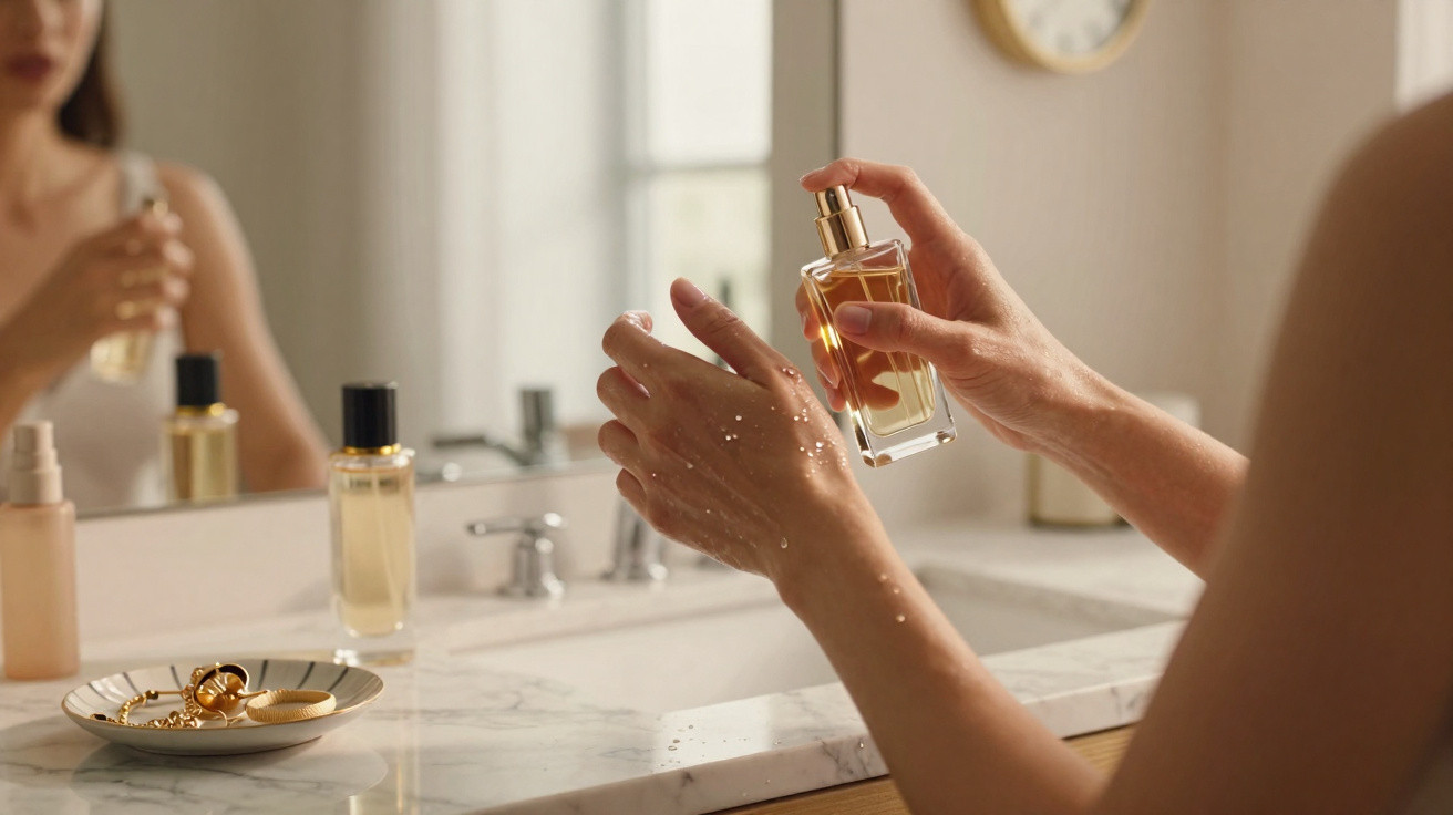 Pessoa a pulverizar perfume no pulso junto a um lavatório com frascos de cosméticos e acessórios.