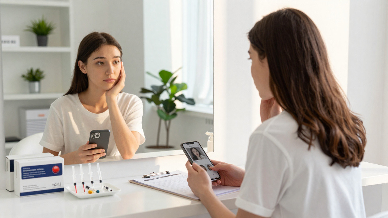 Mulher jovem a ser consultada por profissional que segura tablet e prancheta com fotos e documentos.