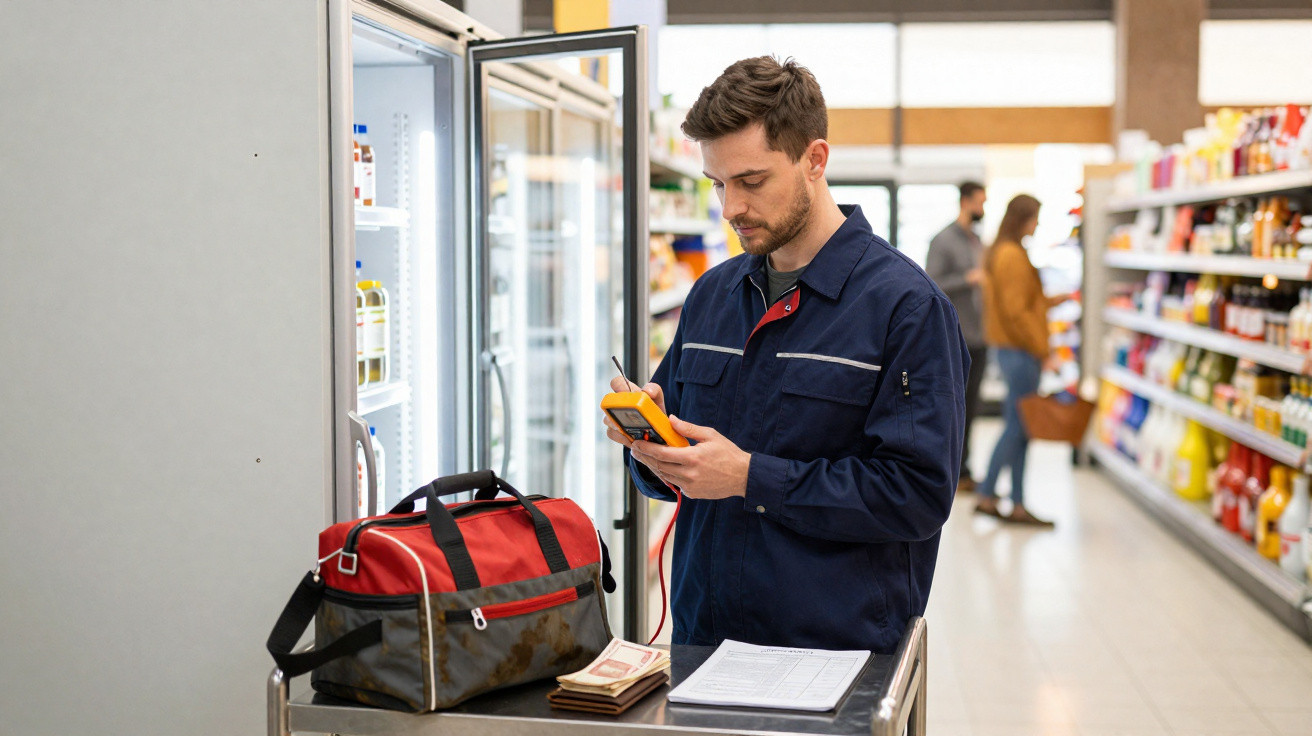Técnico a verificar equipamento elétrico em supermercado, com bolsa de ferramentas e documentos numa mesa.
