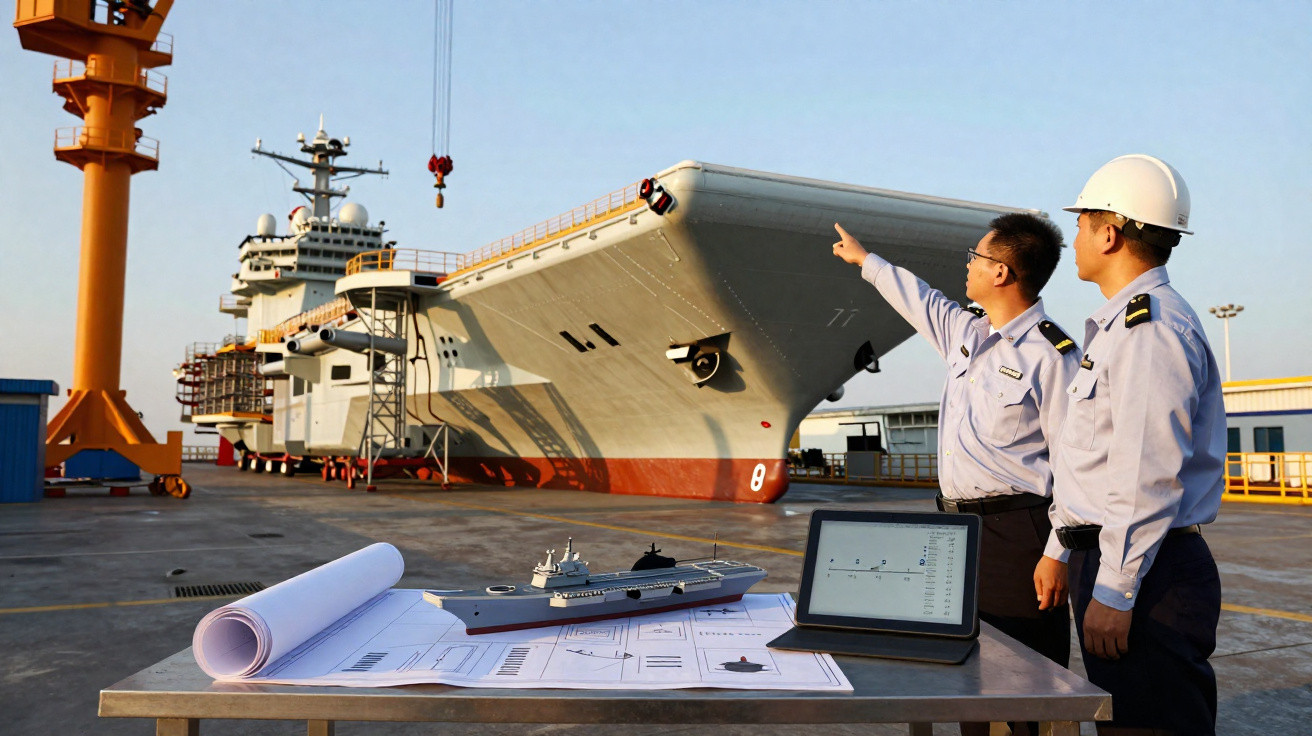 Três homens com capacetes e uniforme naval apontam para um grande navio no cais com maquete e desenhos técnicos numa mesa.