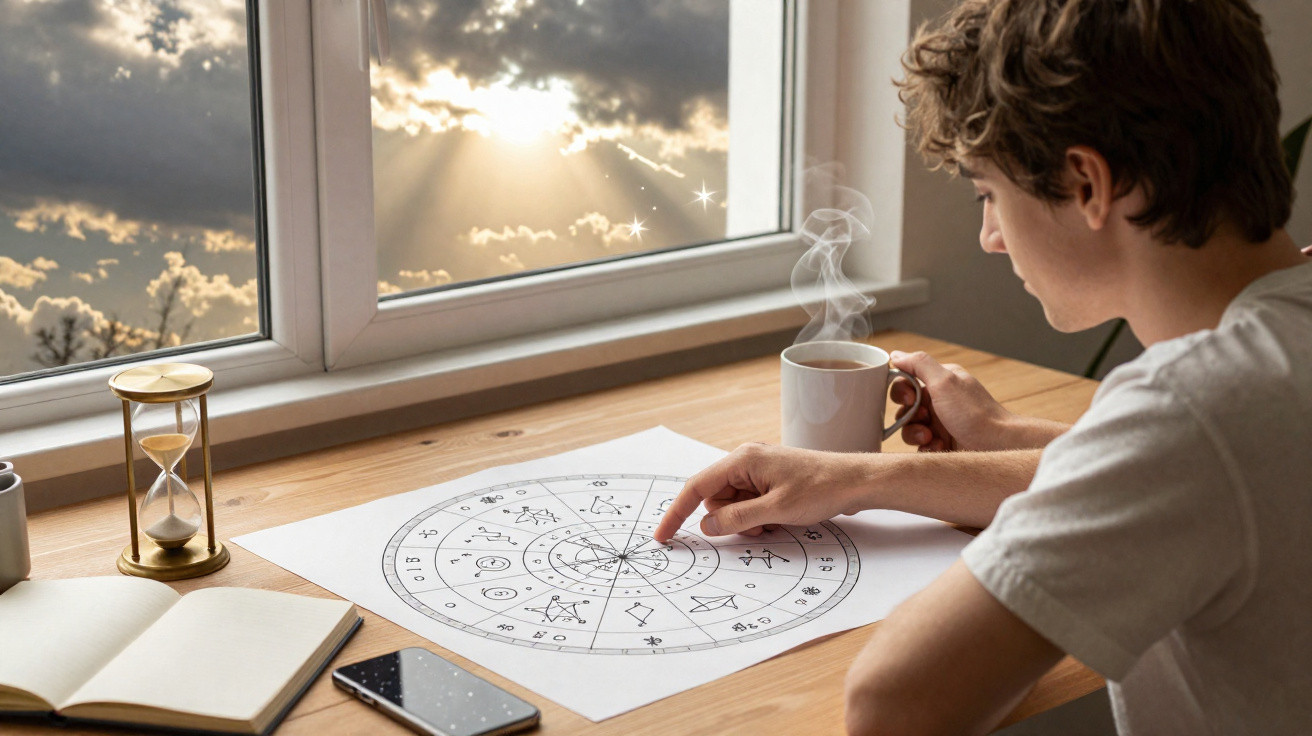 Jovem sentado à mesa a analisar mapa astral, com chá quente, ampulheta e céu nublado ao fundo.