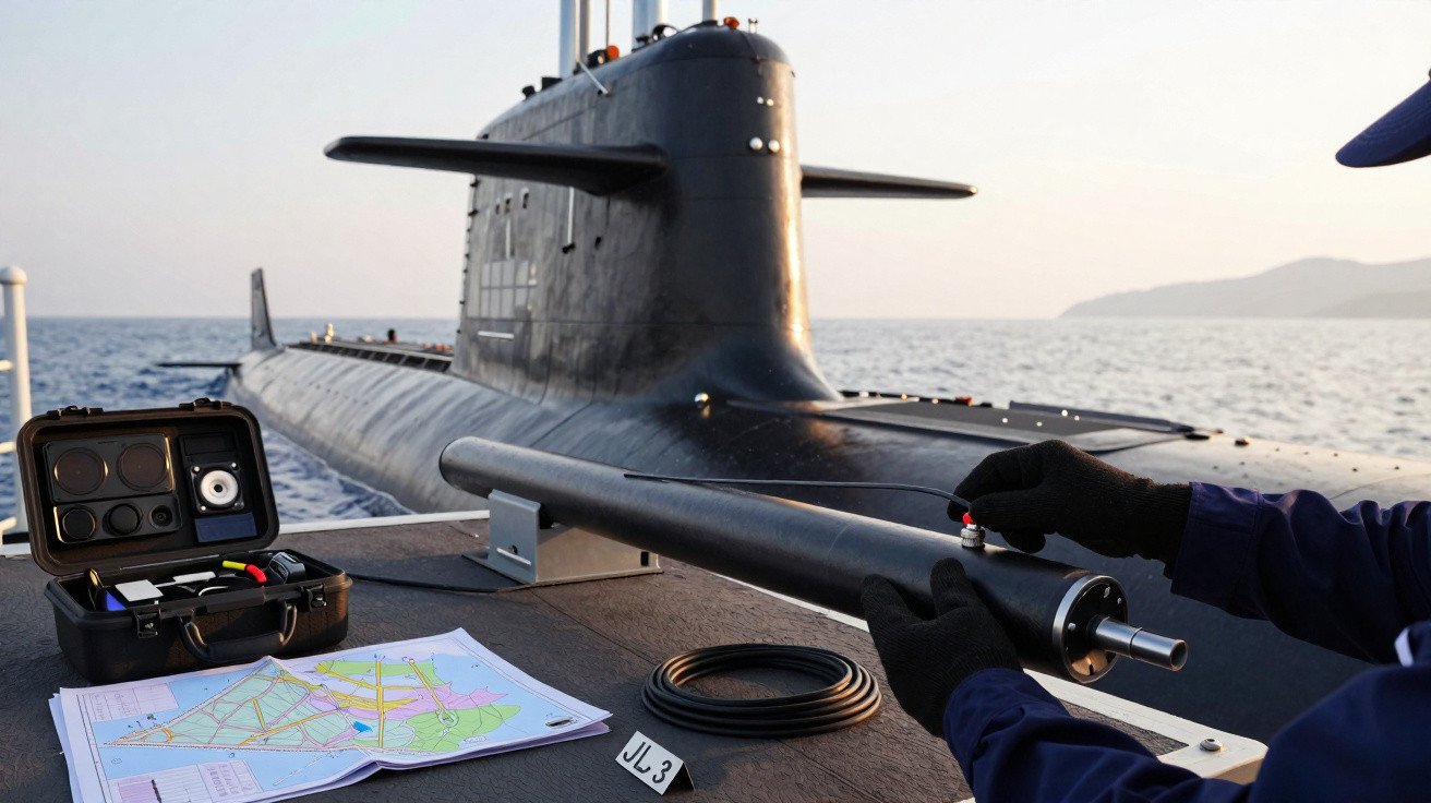Submarino negro no mar com mapa náutico e técnico a operar equipamento de comunicação na embarcação.