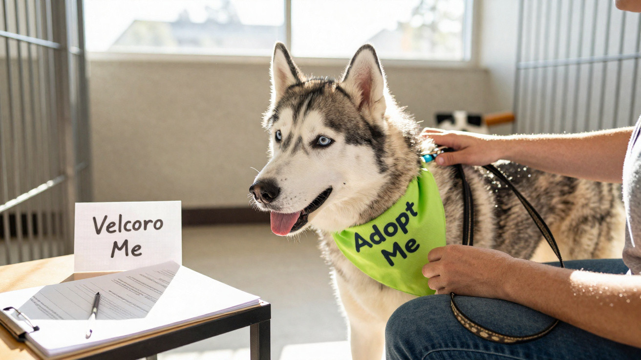 Cão husky com lenço "Adopt Me" sentado ao lado de pessoa, numa área de adoção animal.