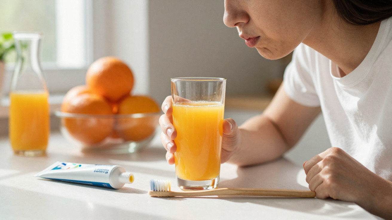 Pessoa a beber sumo de laranja com canudo, com escova de dentes, creme dentífrico e laranjas no fundo.