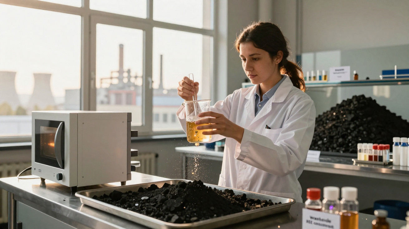 Cientista de bata branca analisa líquido amarelo num béquer num laboratório industrial moderno.
