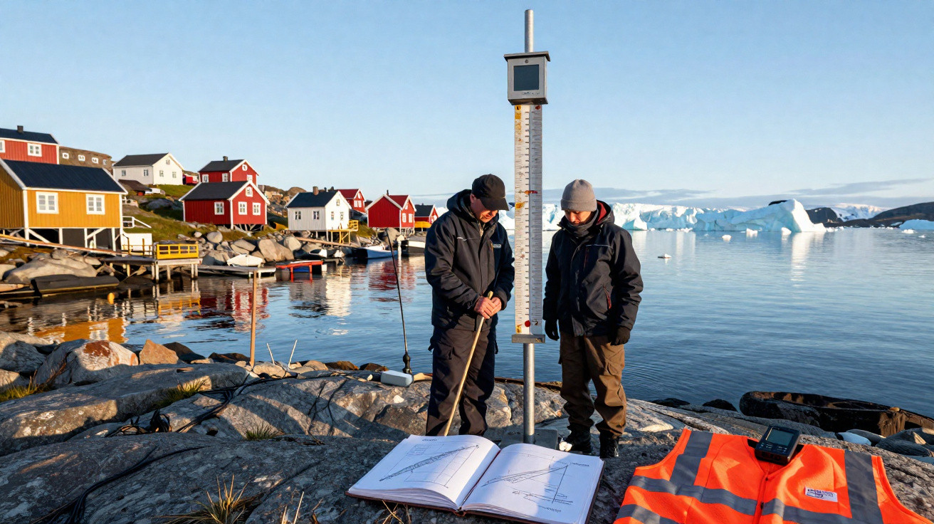 Dois investigadores junto a equipamento de medição na costa rochosa com casas coloridas e icebergs ao fundo.