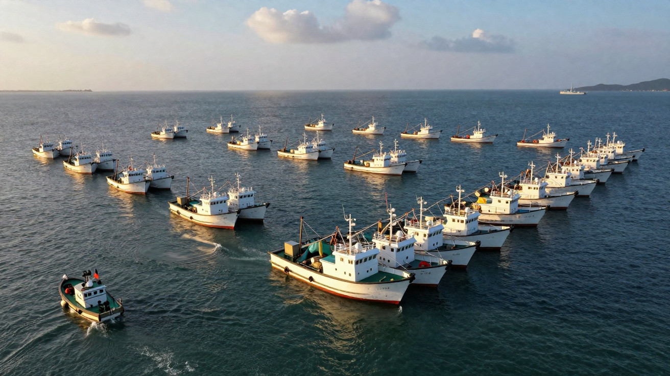 Fila longa de barcos de pesca brancos no mar calmo ao pôr do sol com céu parcialmente nublado.