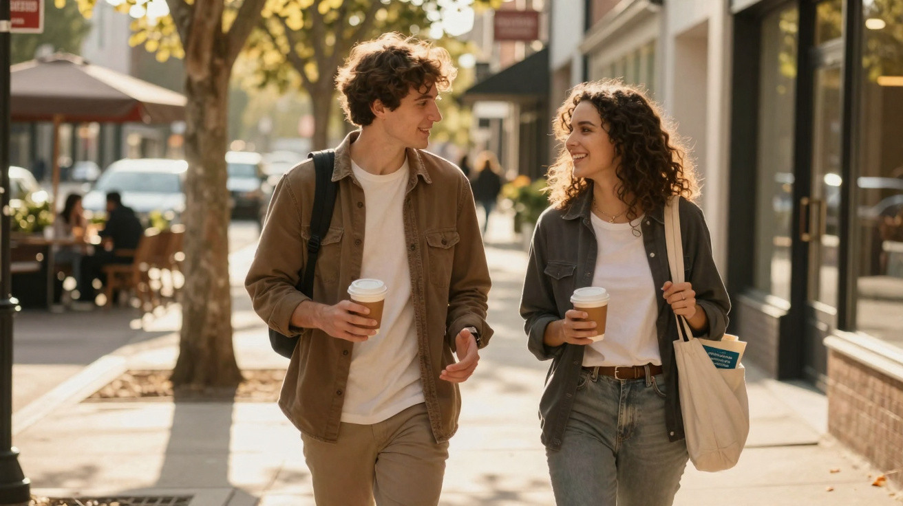 Dois jovens sorridentes a caminhar na rua, cada um com uma chávena de café para levar.
