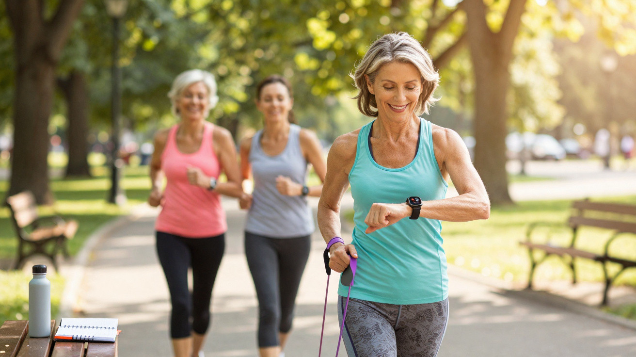 Grupo de mulheres a correr num parque, com uma senhora a olhar para o relógio desportivo.