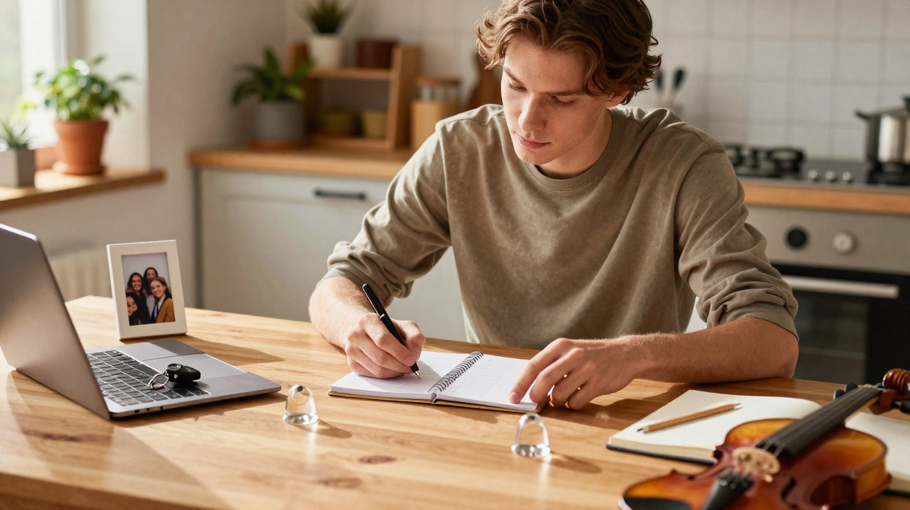 Jovem sentado à mesa em casa, a escrever num caderno com um violino, portátil e foto familiar à frente.