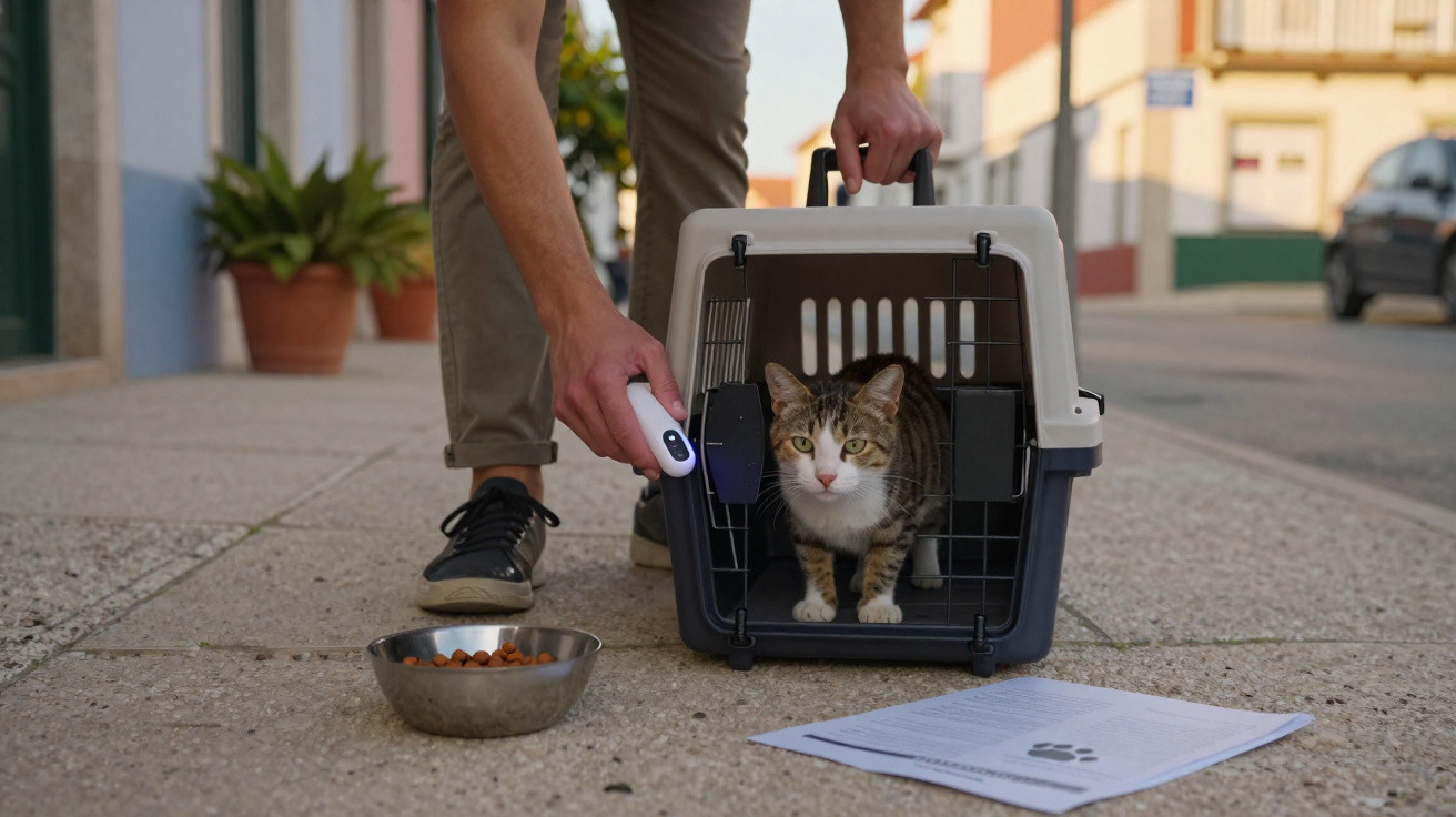 Gato em transportadora no chão, pessoa a segurá-lo e a usar um leitor de microchip no pulso do gato.