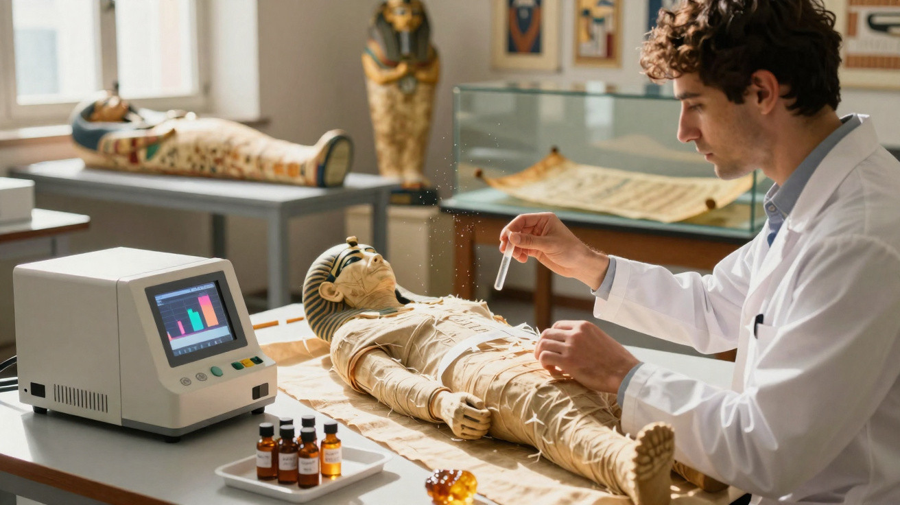 Cientista em laboratório analisa múmia egípcia com equipamento frente a frascos de medicamentos.