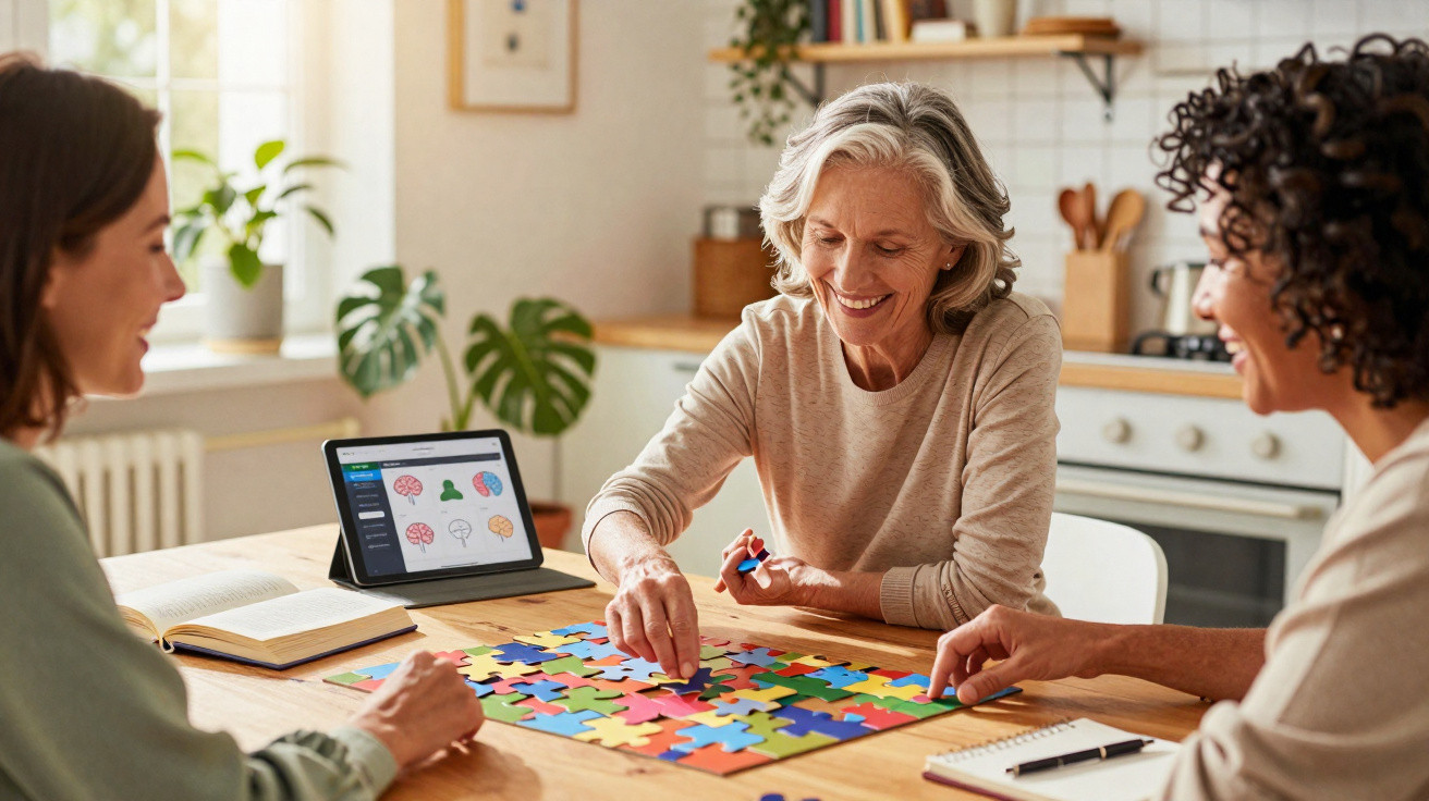 Três mulheres a montar um puzzle colorido numa mesa, com um tablet e caderno ao lado, em ambiente acolhedor.
