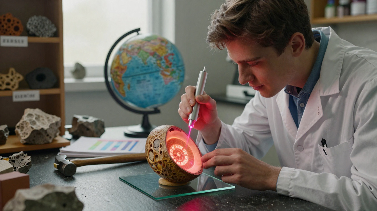 Jovem em laboratório a examinar um modelo geológico esférico com ferramenta iluminada vermelha.