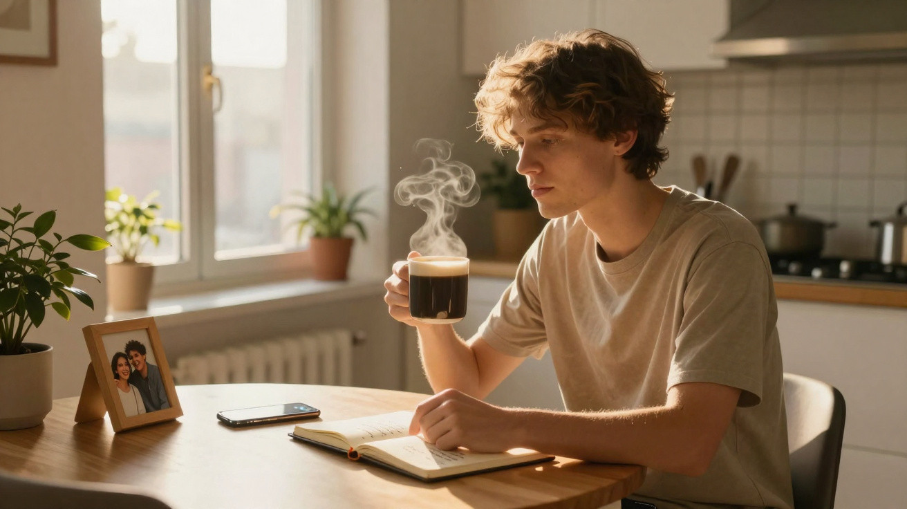 Jovem sentado à mesa a ler um livro e a beber uma chávena de chá quente numa cozinha luminosa.