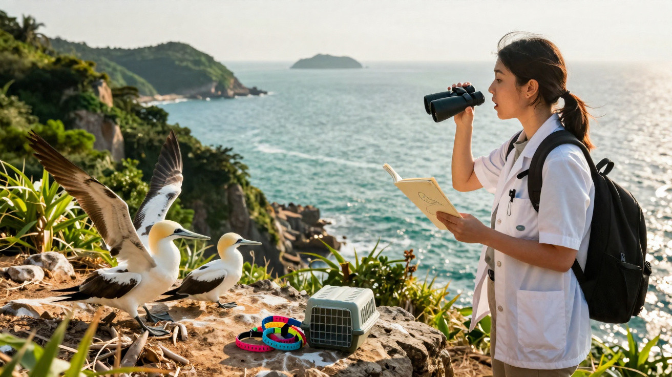 Mulher com bata branca observa aves marinhas numa falésia junto ao mar com binóculos e bloco de notas.