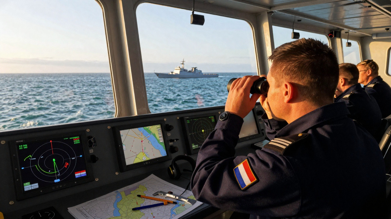 Tripulantes numa ponte de comando naval observam um navio militar no mar ao longe através das janelas.