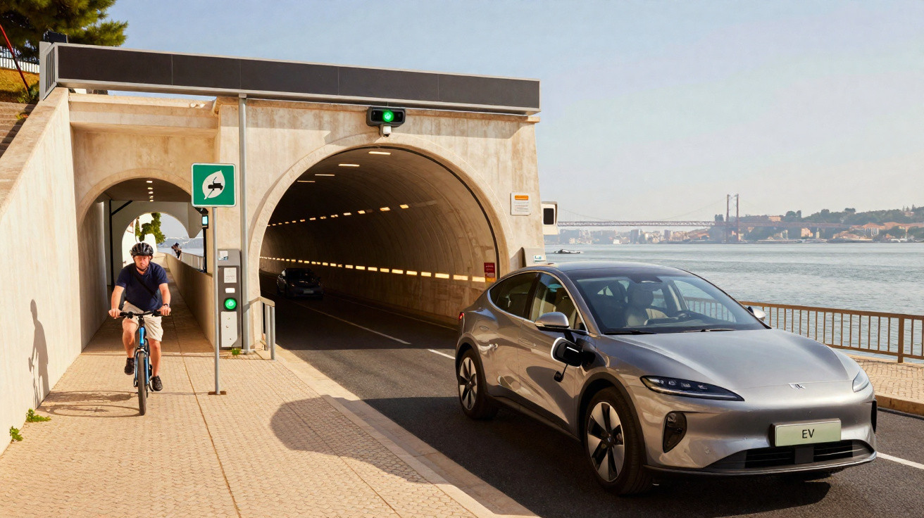 Carro elétrico cinza a sair de um túnel próximo a uma ponte suspensa sobre um rio.