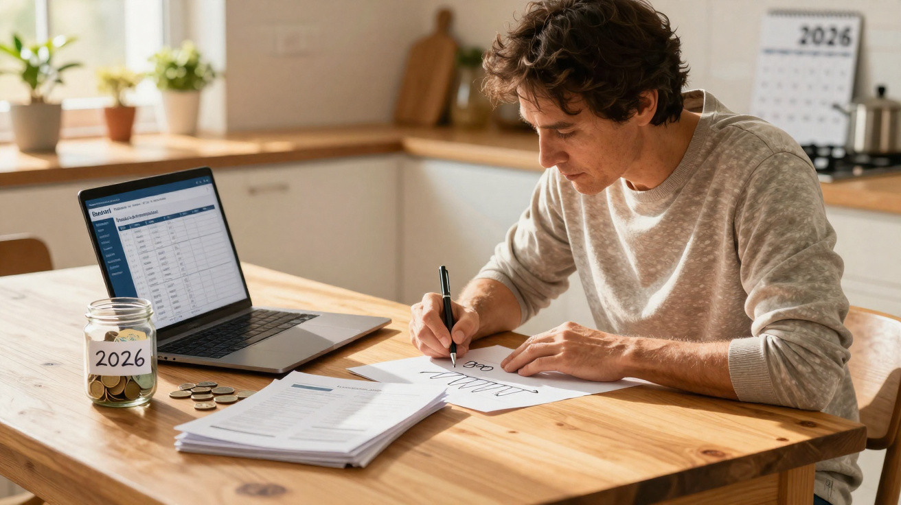 Homem a fazer contas e organizar finanças numa mesa com computador e frasco identificado como fundo de emergência.