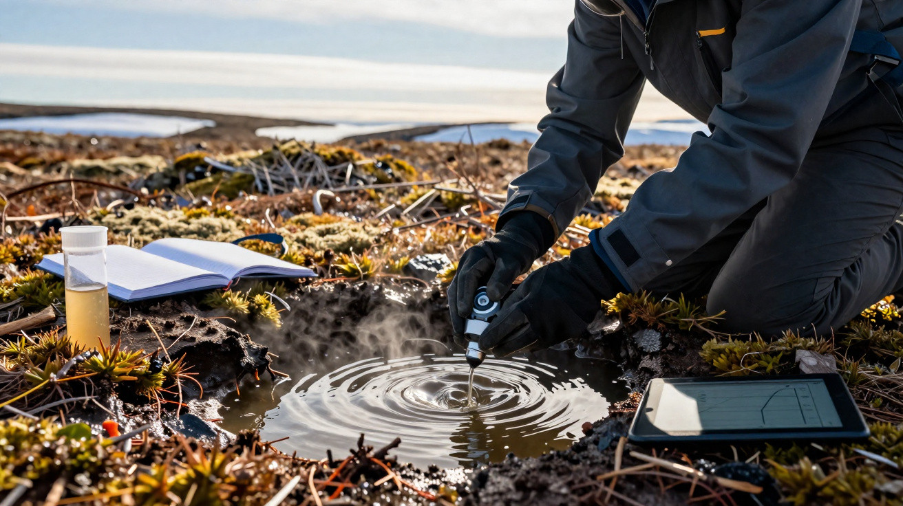 Pessoa a recolher amostra de água de charco em ambiente natural com caderno, frasco e tablet juntos.