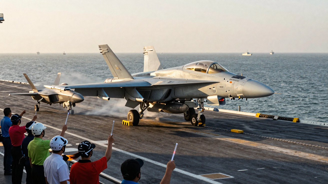 Caça militar no convés de voo de um porta-aviões com tripulantes a observar no mar calmo.