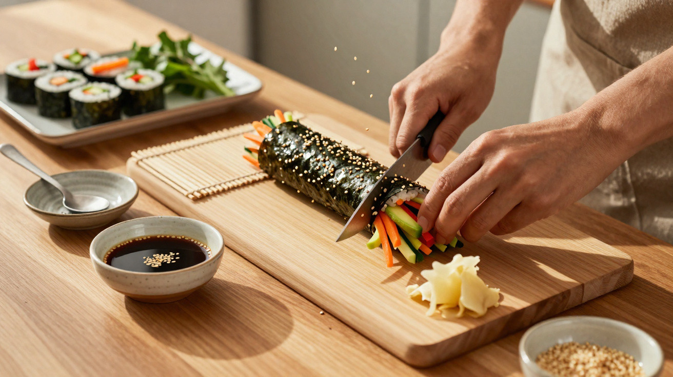 Pessoa a cortar sushi maki recheado com legumes frescos sobre esteira de bambu, com molhos e gengibre ao lado.