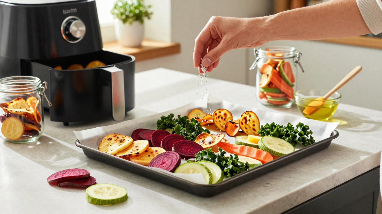 Mãos temperando vegetais frescos cortados num tabuleiro para cozinhar em air fryer numa cozinha moderna.