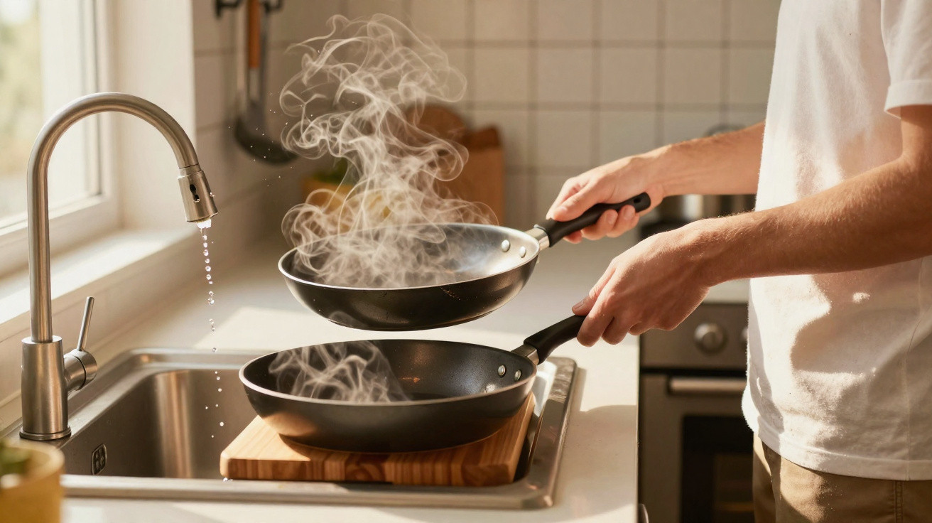 Pessoa segurando duas frigideiras, uma com vapor, junto a uma torneira a correr numa cozinha iluminada.